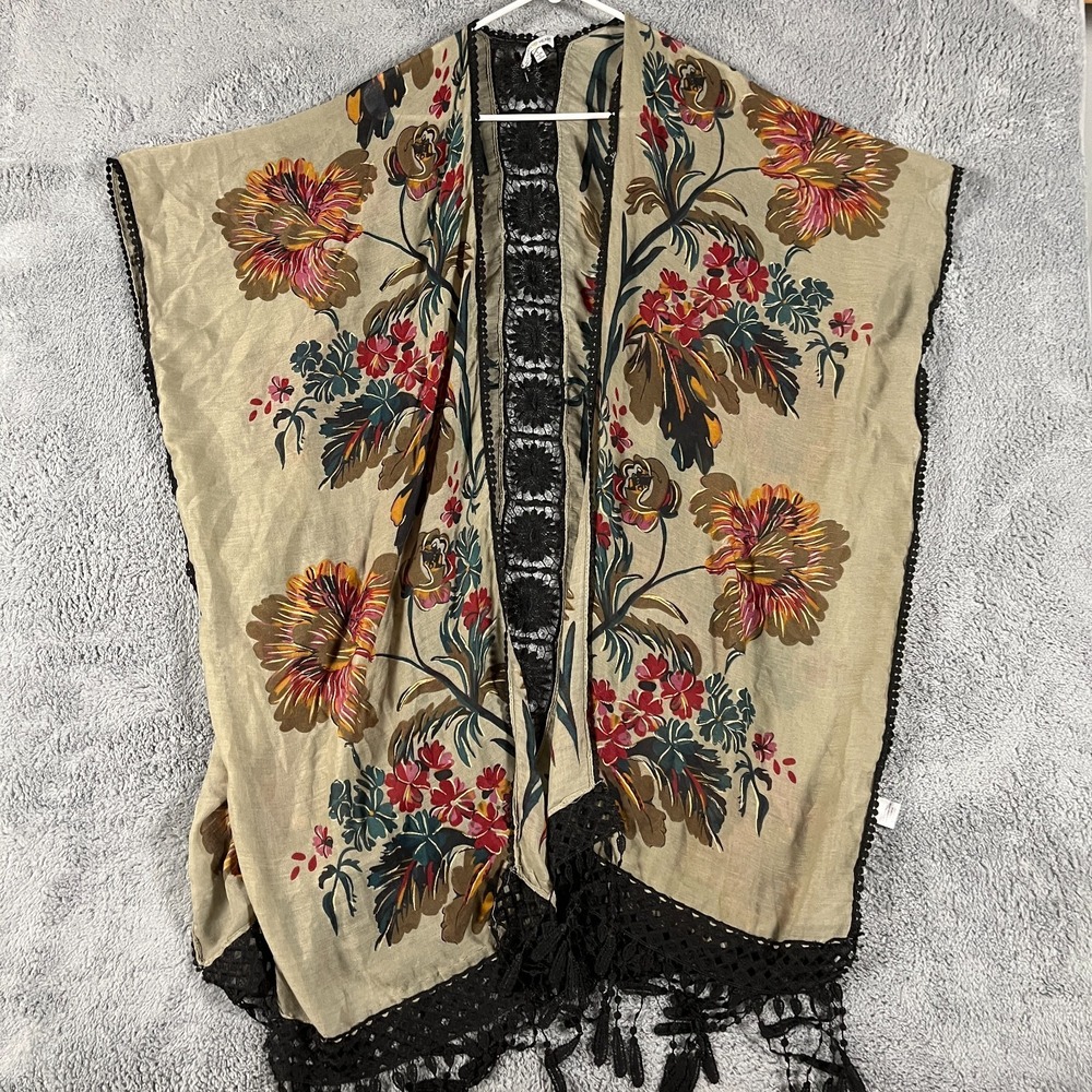Woven Heart Kimono Cardigan Womens Large Multi Floral Lace Fringe Open Front